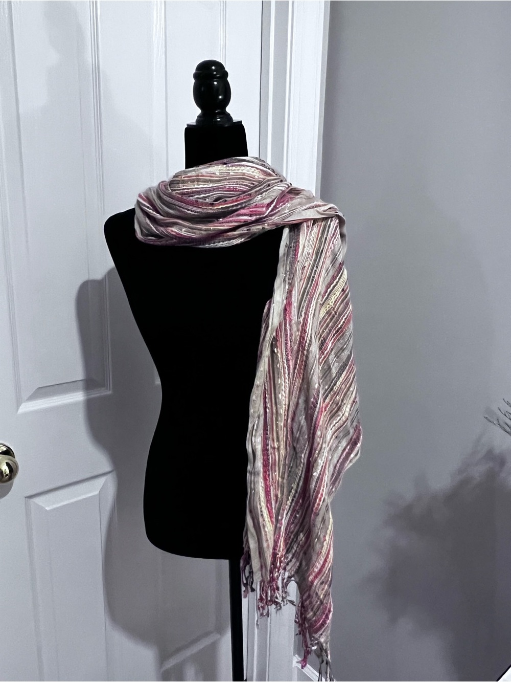Lightweight Multi-Stripe Scarf with slight metallic threads throughout